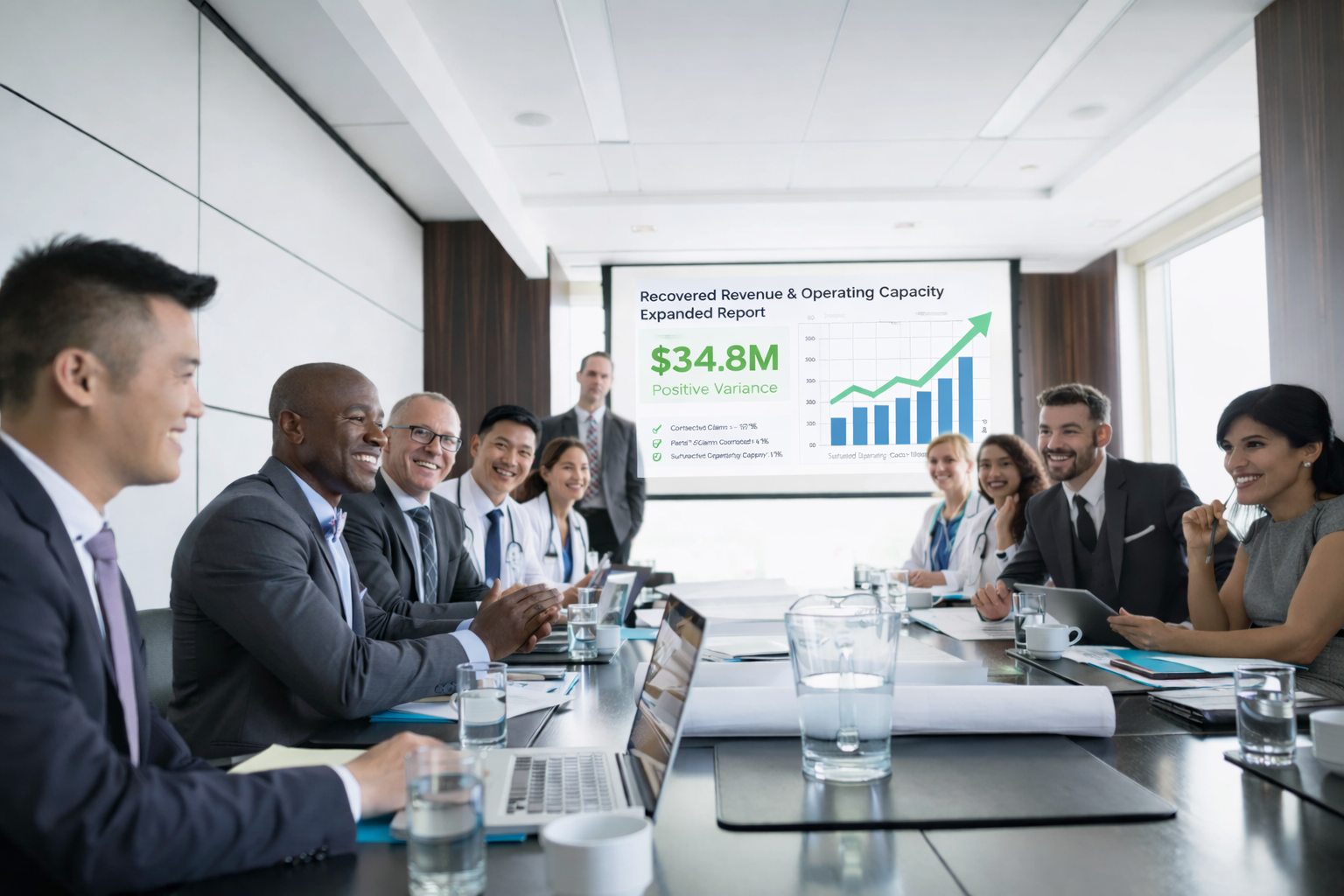 Boardroom leadership reviewing recovered revenue